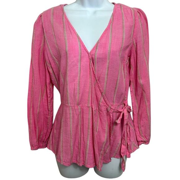 Old Navy Wrap Top Size Small Pink Striped Long-Sleeve Blouse Cotton Blend - Picture 2 of 7